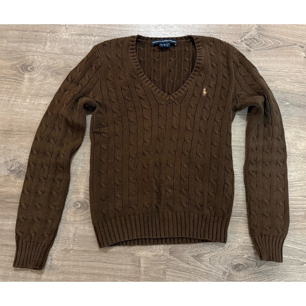 Ralph Lauren Sport Cable Knit Sweater Women Size M Brown V-Neck Cotton Pony Logo